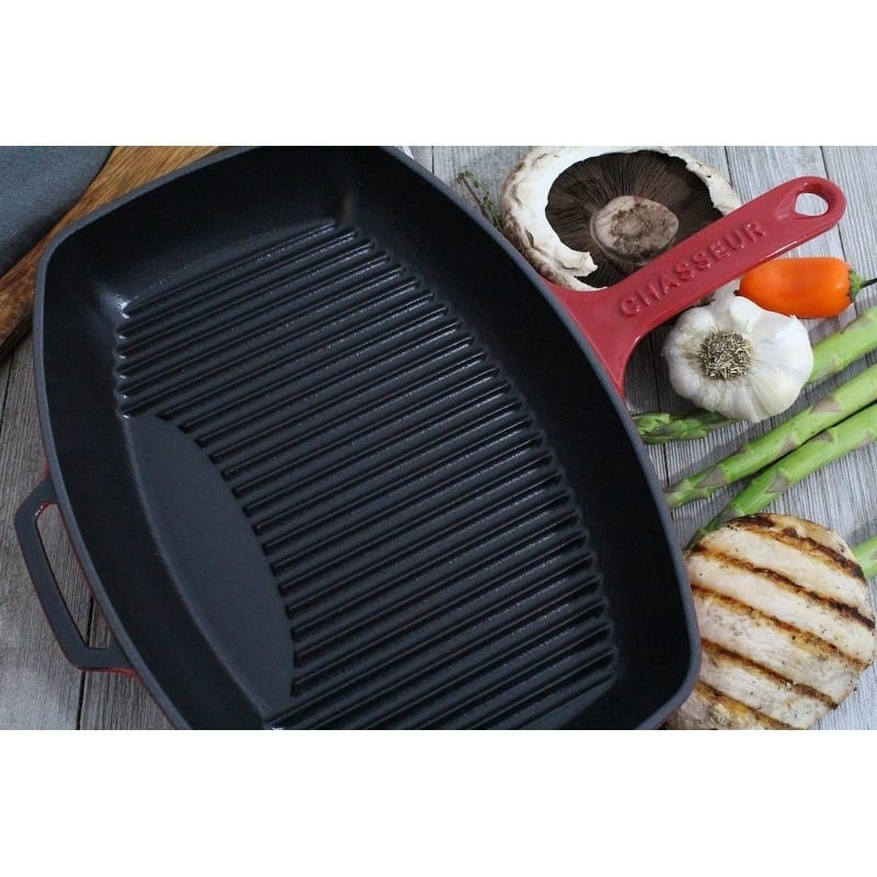 Chasseur 12-inch Red Rectangular French Enameled Cast Iron Grill Pan