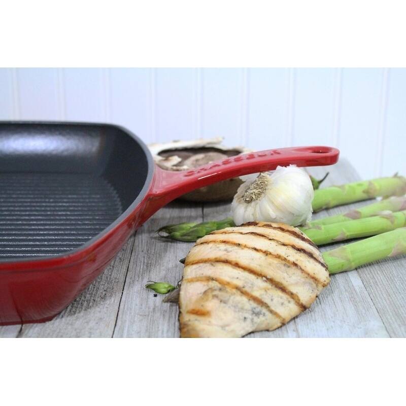 Chasseur 12-inch Red Rectangular French Enameled Cast Iron Grill Pan