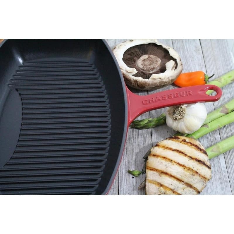 Chasseur 12-inch Red Rectangular French Enameled Cast Iron Grill Pan