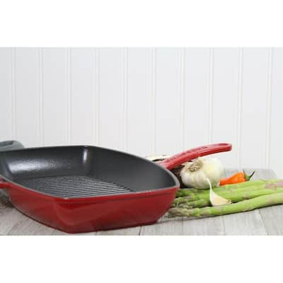 Chasseur 12-inch Red Rectangular French Enameled Cast Iron Grill Pan