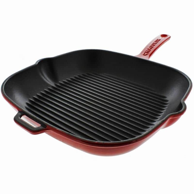 Chasseur 10-inch Red Square French Enameled Cast Iron Grill Pan
