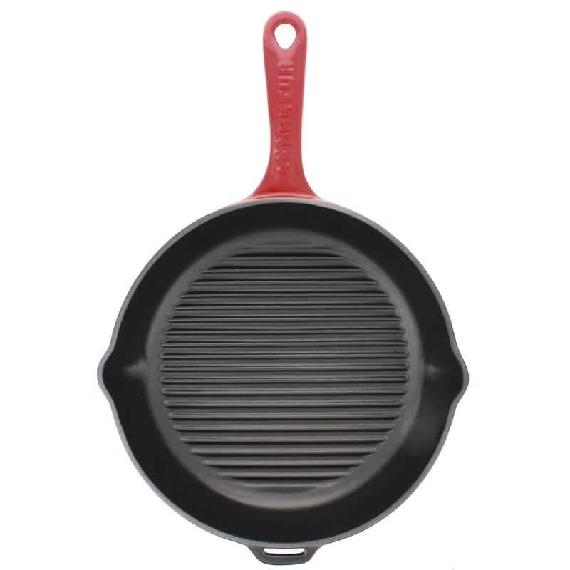 Chasseur 10-inch Red Round French Enameled Cast Iron Grill Pan - 16"l x 11"w x 2.5"h