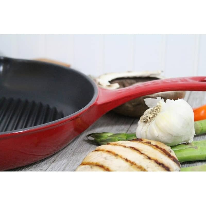 Chasseur 10-inch Red Round French Enameled Cast Iron Grill Pan - 16"l x 11"w x 2.5"h