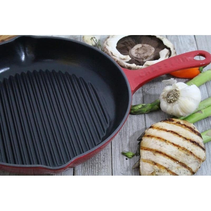 Chasseur 10-inch Red Round French Enameled Cast Iron Grill Pan - 16"l x 11"w x 2.5"h