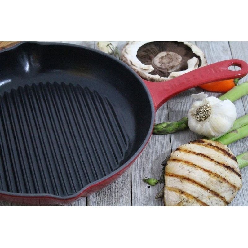 Chasseur 10-inch Red Round French Enameled Cast Iron Grill Pan - 16"l x 11"w x 2.5"h
