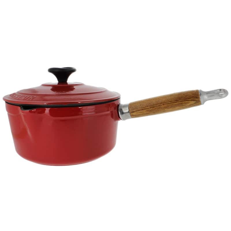 Chasseur 2.5-quart Red French Enameled Cast Iron Saucepan With Lid and Wooden Handle