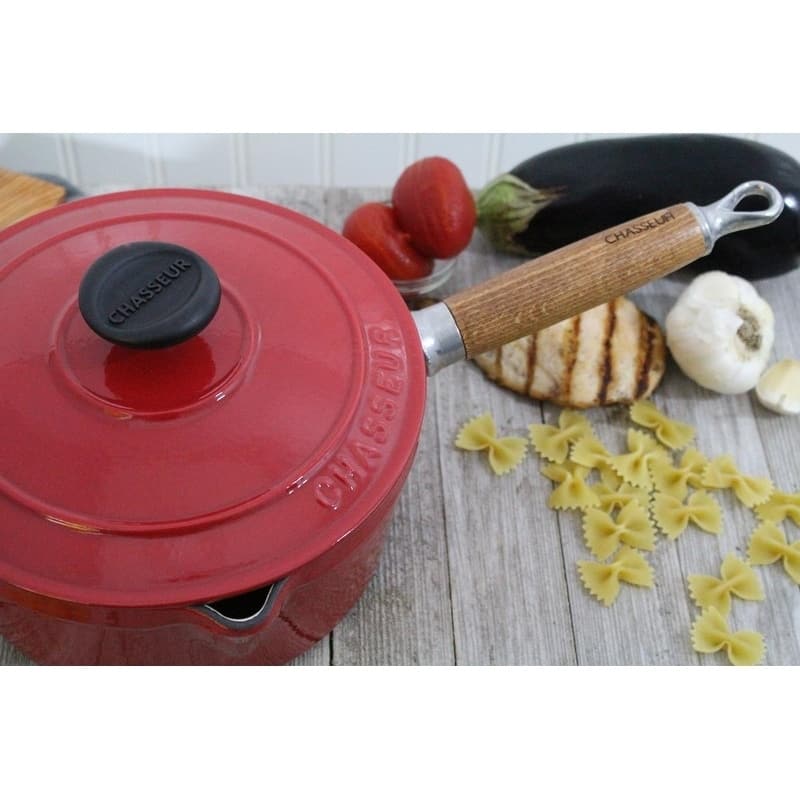 Chasseur 2.5-quart Red French Enameled Cast Iron Saucepan With Lid and Wooden Handle