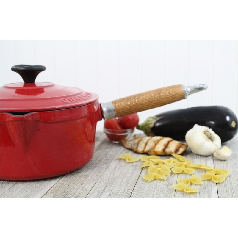 Chasseur 2.5-quart Red French Enameled Cast Iron Saucepan With Lid and Wooden Handle