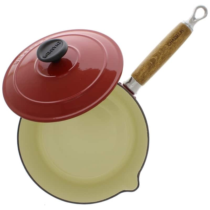 Chasseur 2.5-quart Red French Enameled Cast Iron Saucepan With Lid and Wooden Handle