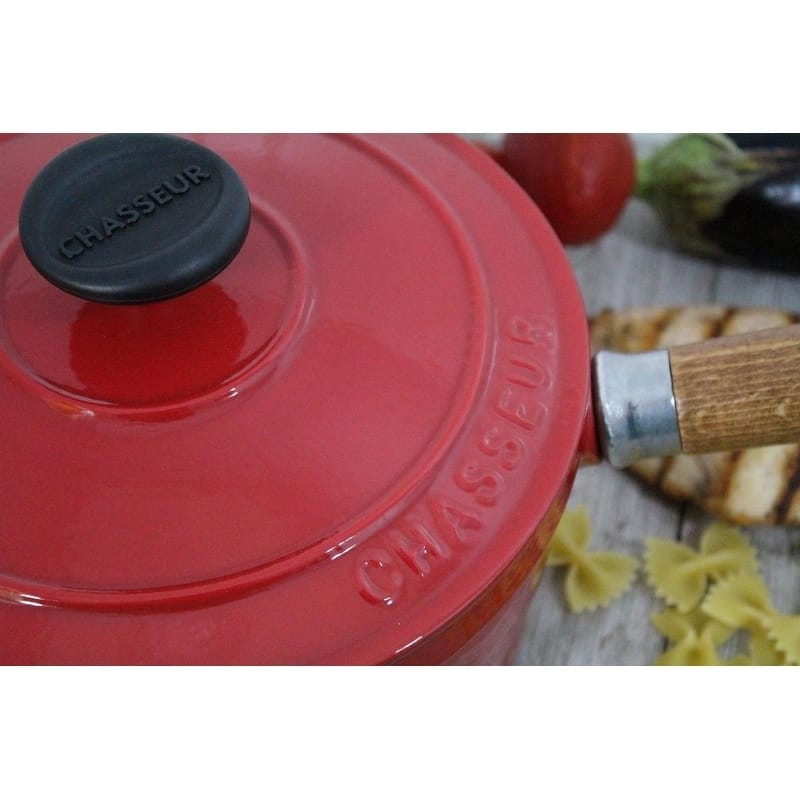 Chasseur 2.5-quart Red French Enameled Cast Iron Saucepan With Lid and Wooden Handle