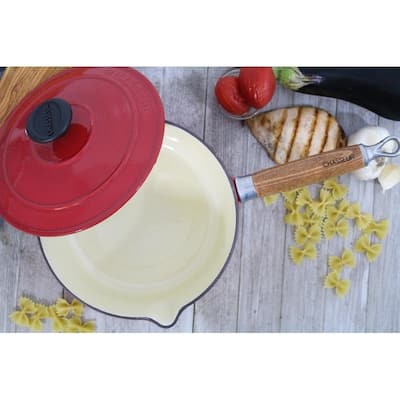 Chasseur 2.5-quart Red French Enameled Cast Iron Saucepan With Lid and Wooden Handle