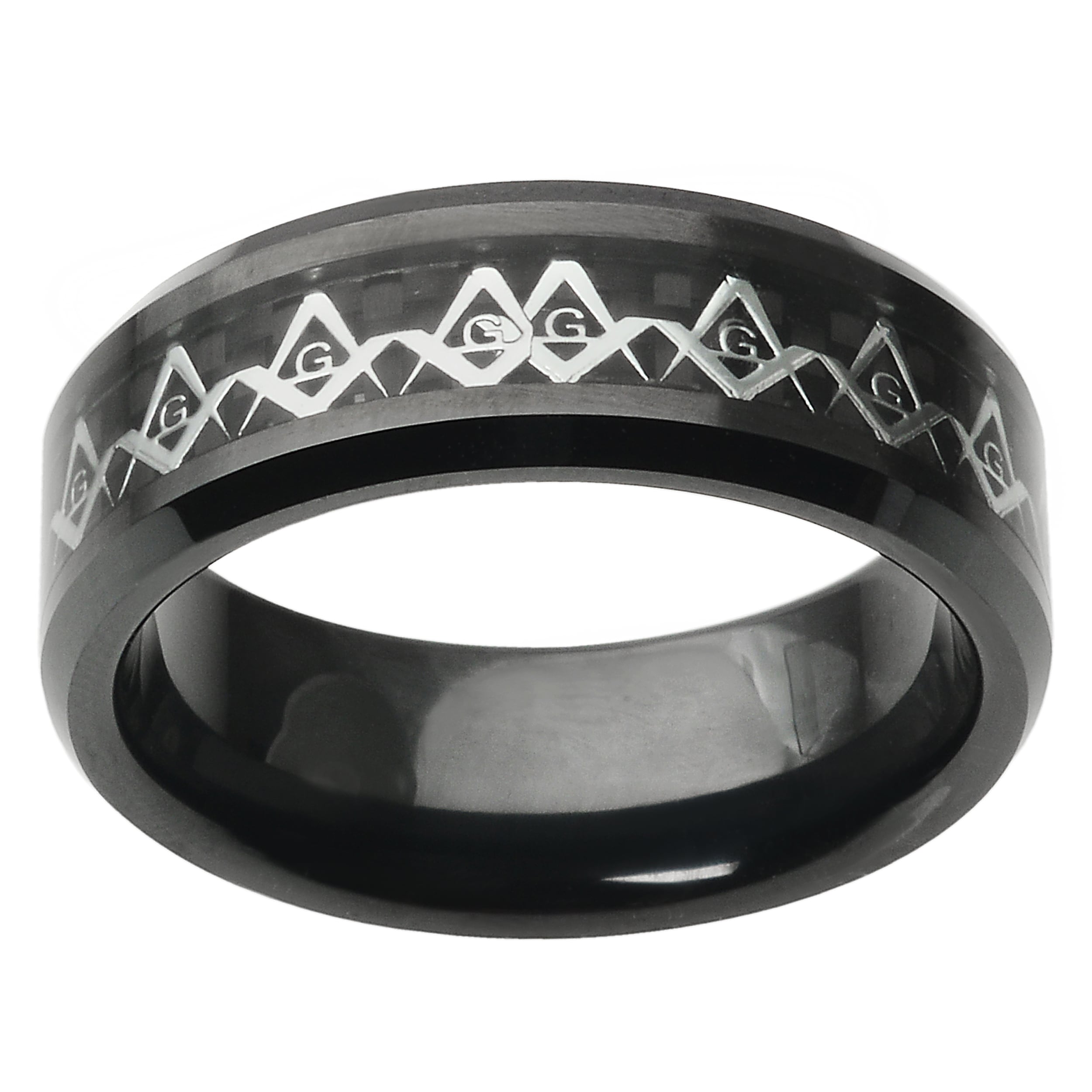 Mens 8mm Beveled Edge Black Ceramic Ring w// Stainless Steel Masonic Symbol over Black Carbon Fiber Inlay Center Comfort Fit Wedding Band
