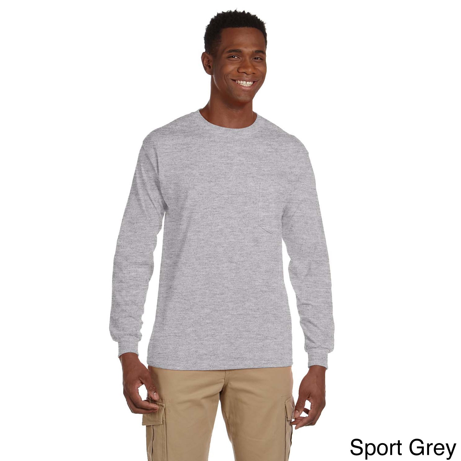 Gildan Gildan Mens Ultra Cotton Long Sleeve Pocket T shirt Grey Size XXL