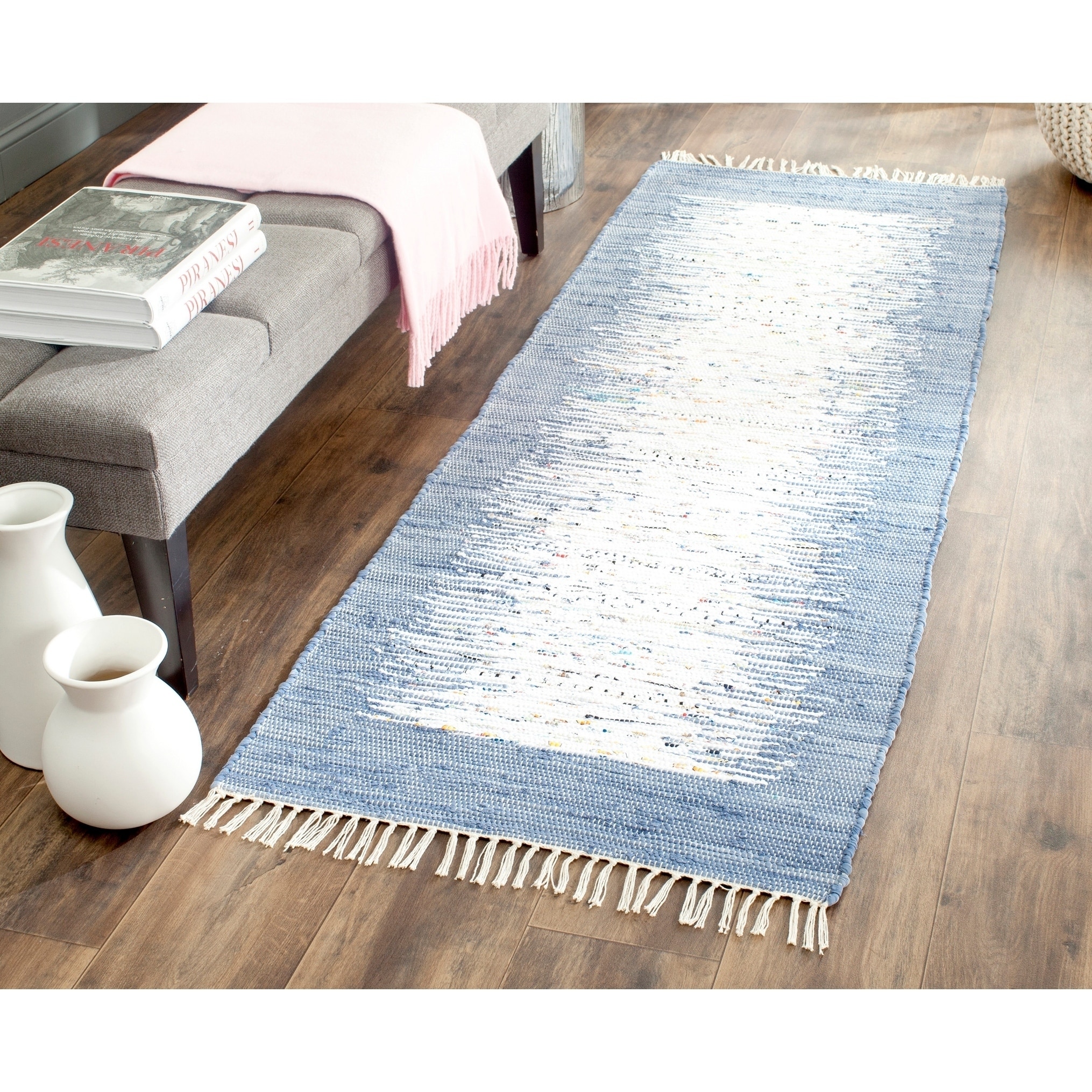 Safavieh Hand woven Montauk Ivory/ Dark Blue Cotton Rug (23 X 7)