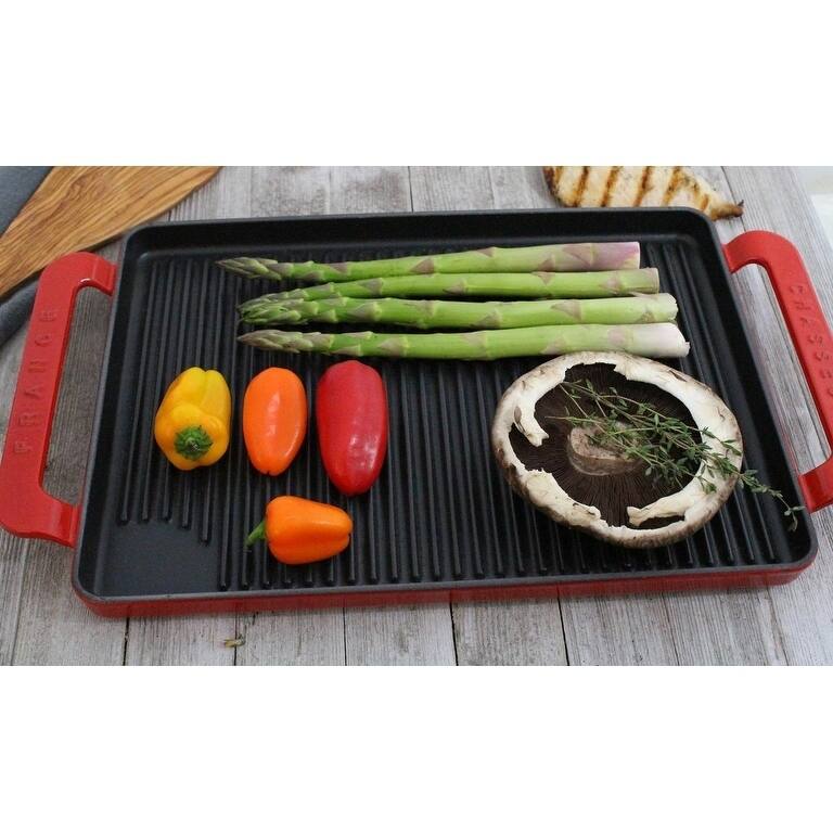 Chasseur 14-inch Red Rectangular French Enameled Cast Iron Grill Pan with Handles