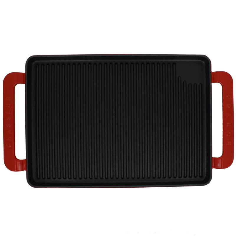 Chasseur 14-inch Red Rectangular French Enameled Cast Iron Grill Pan with Handles
