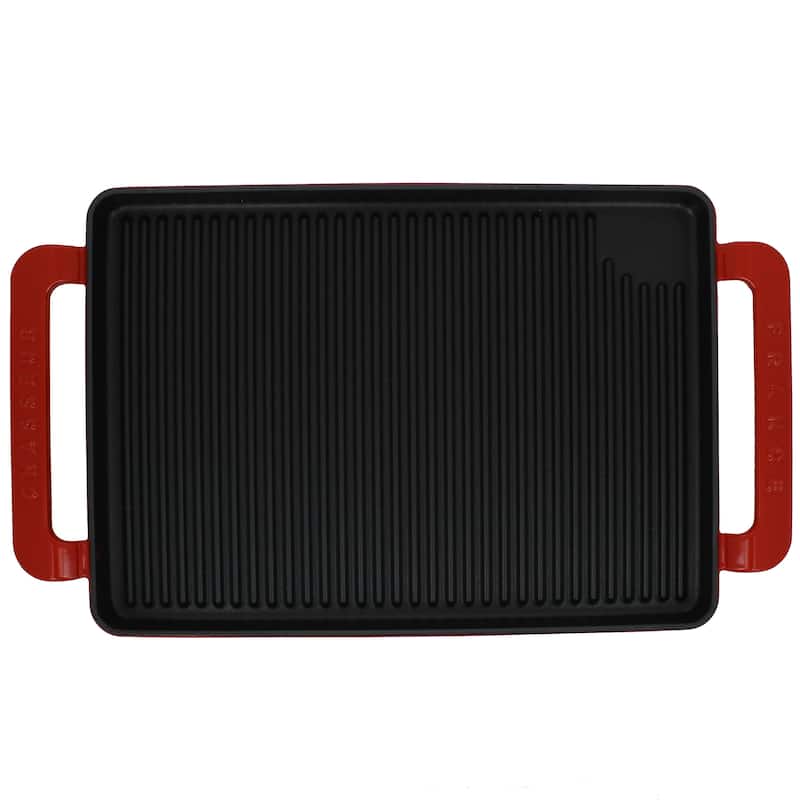 Chasseur 14-inch Red Rectangular French Enameled Cast Iron Grill Pan with Handles