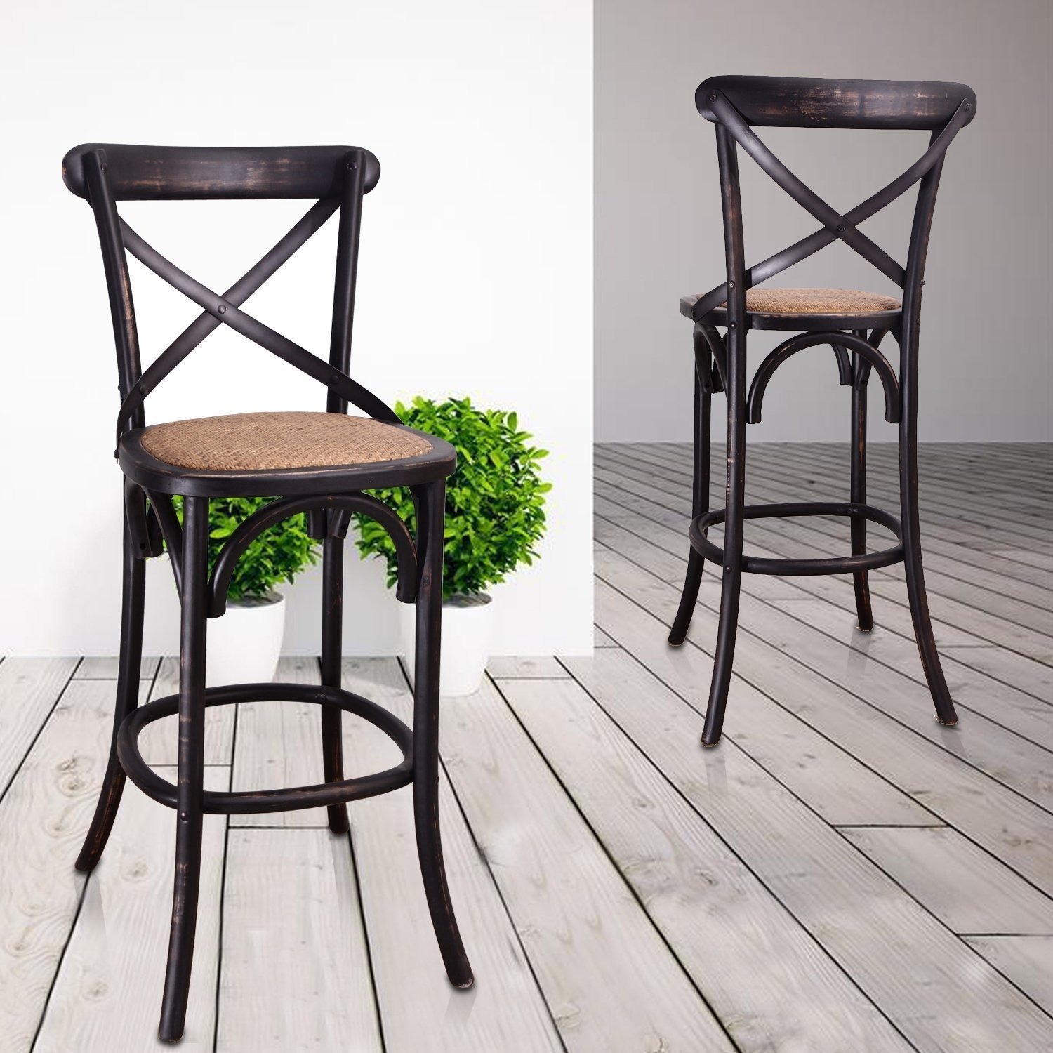 Elm Wood Rattan Antique Bistro Bar Stool