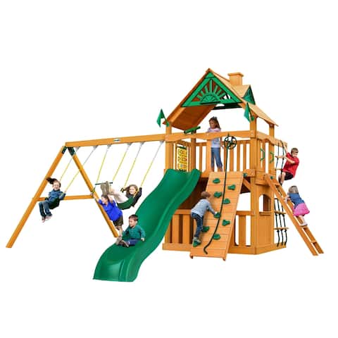 Gorilla Playsets Chateau Clubhouse Wooden Swing Set with Slide, Rock Climbing Wall, and Picnic Table