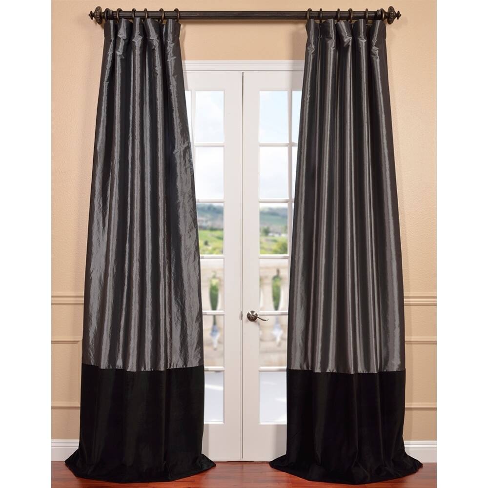 Exclusive Fabrics Graphite Taffeta and Velvet Banded Curtain Panel