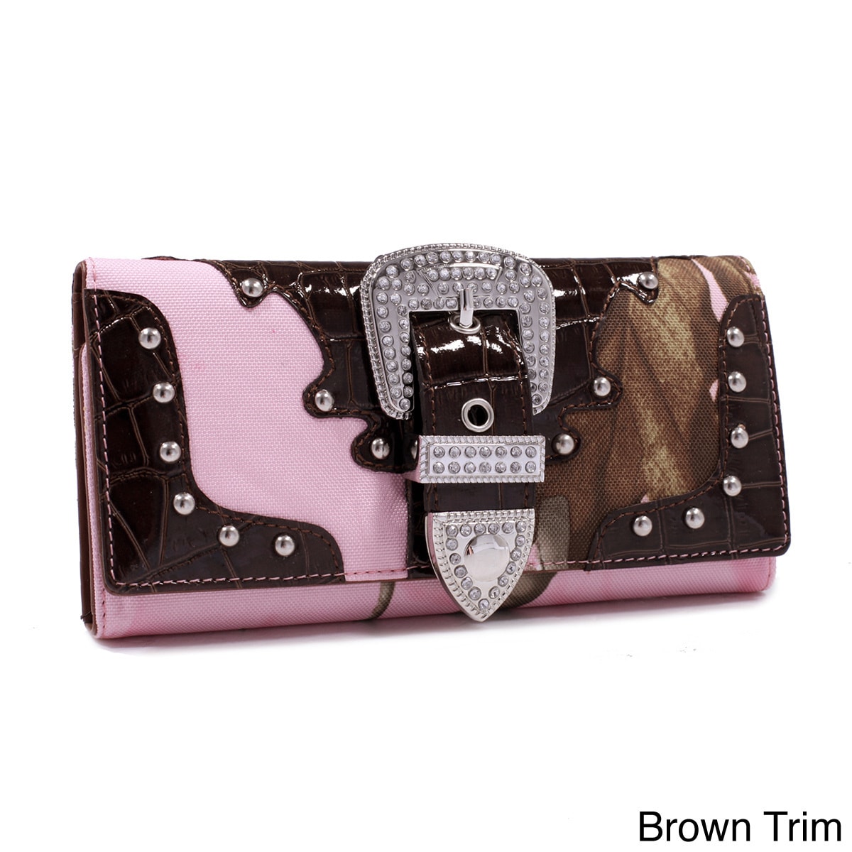 Realtree Camouflage Tri fold Rhinestone Buckle And Croco Trim Wallet