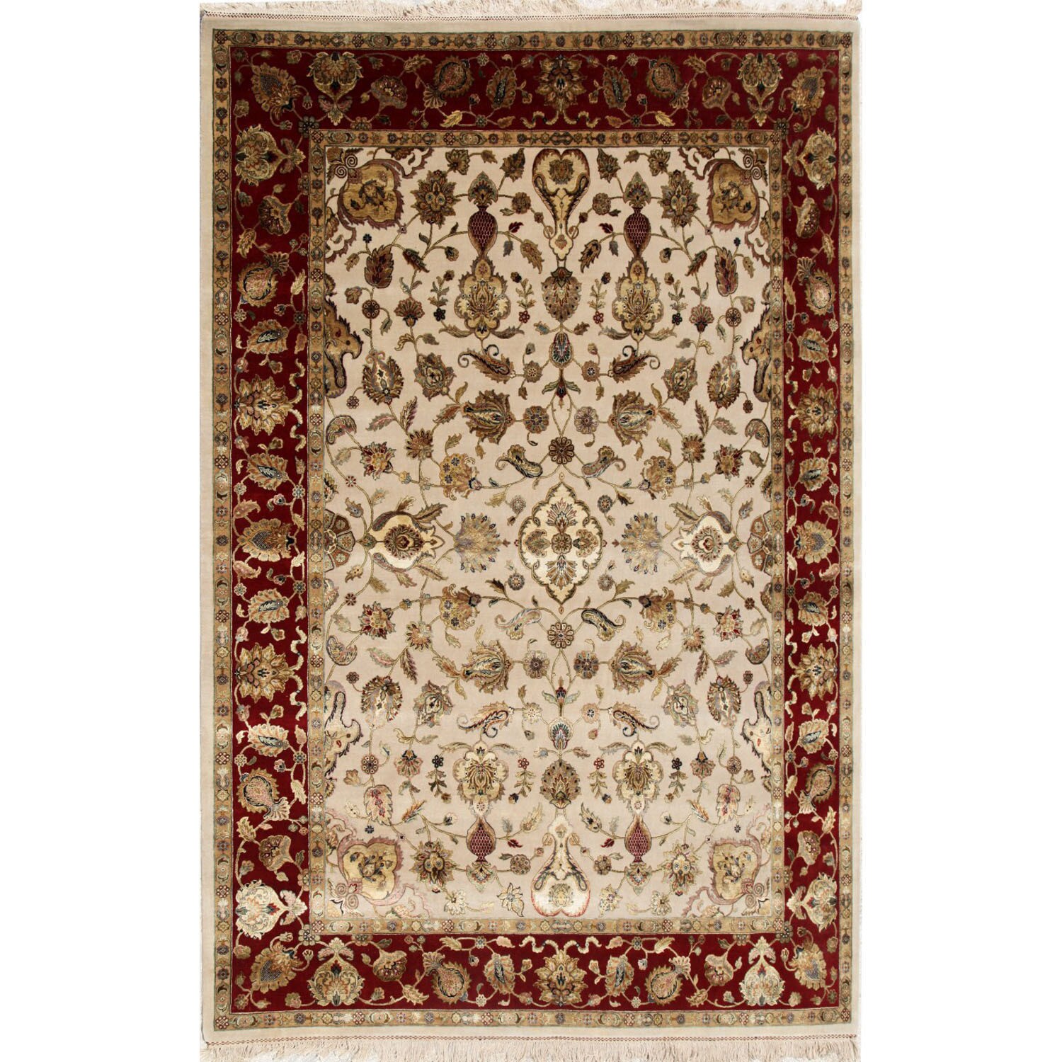Hand knotted Ivory/ Red Oriental Pattern Wool/ Silk Rug (2 X 3)