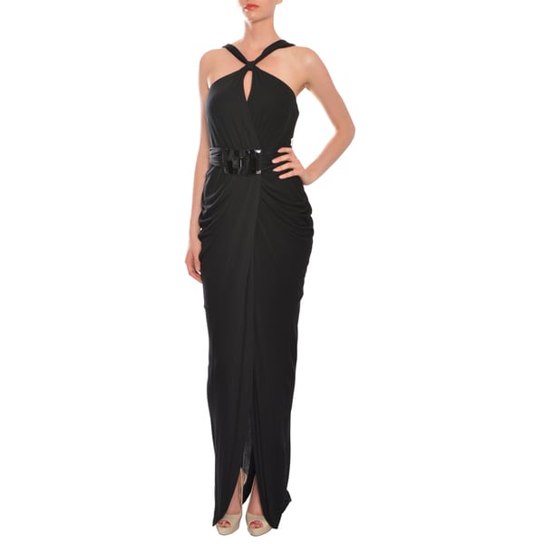 Shop Mikael Aghal Timeless Black Ruched Belted Keyhole Evening Gown ...