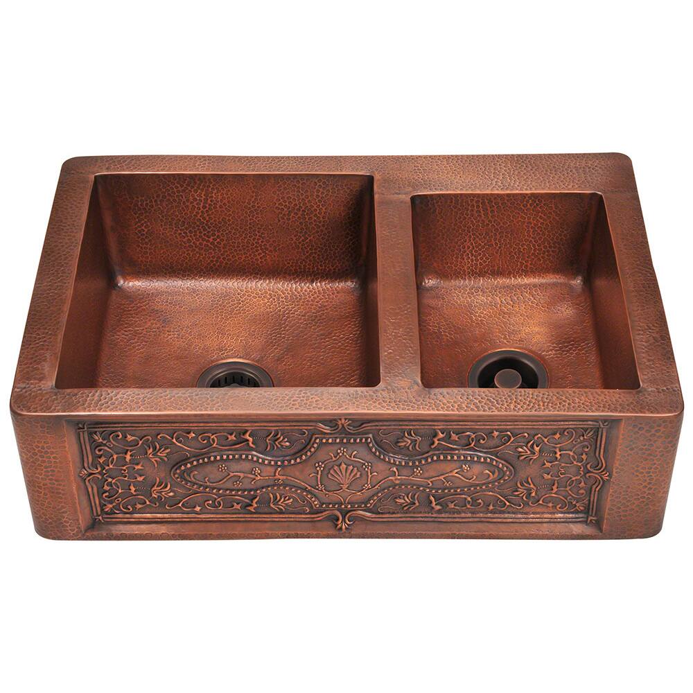 Polaris Sinks Double Offset Bowl Copper Apron Sink