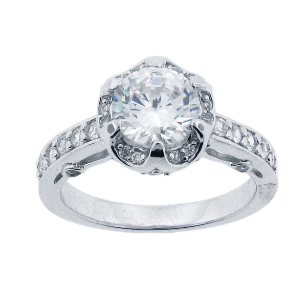 Sterling Silver Rhodium 7.50mm Round CZ Halo Solitaire Engagement Ring