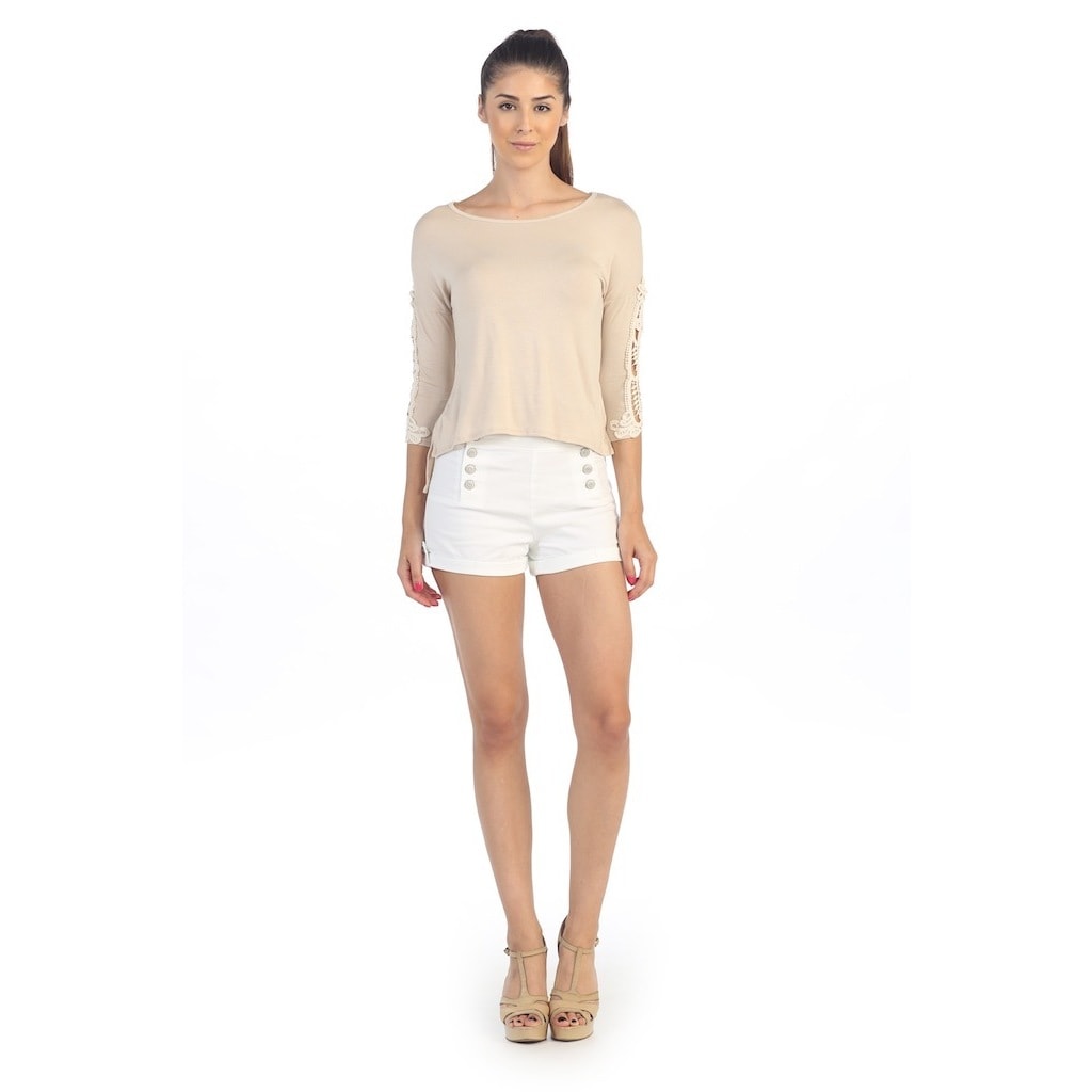 Womens Beige Crocheted Sleeve High low Top