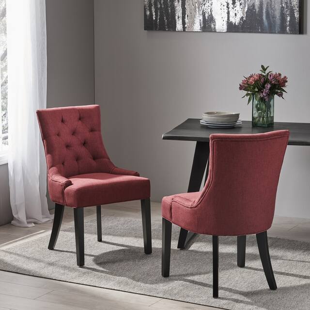 Cheney Contemporary Tufted Dining Chairs (Set of 2) by Christopher Knight Home - 21.50" L x 25.00" W x 36.00" H - Deep Red/Dark Brown