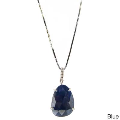 14k White Gold Diamond Accent and Gemstone Slice Pendant Necklace