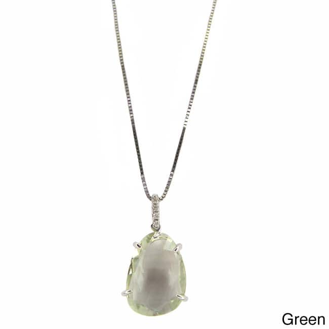 14k White Gold Diamond Accent and Gemstone Slice Pendant Necklace