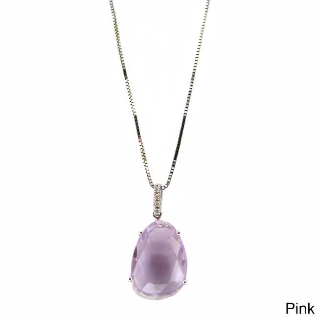 14k White Gold Diamond Accent and Gemstone Slice Pendant Necklace - February - Amethyst - Pink