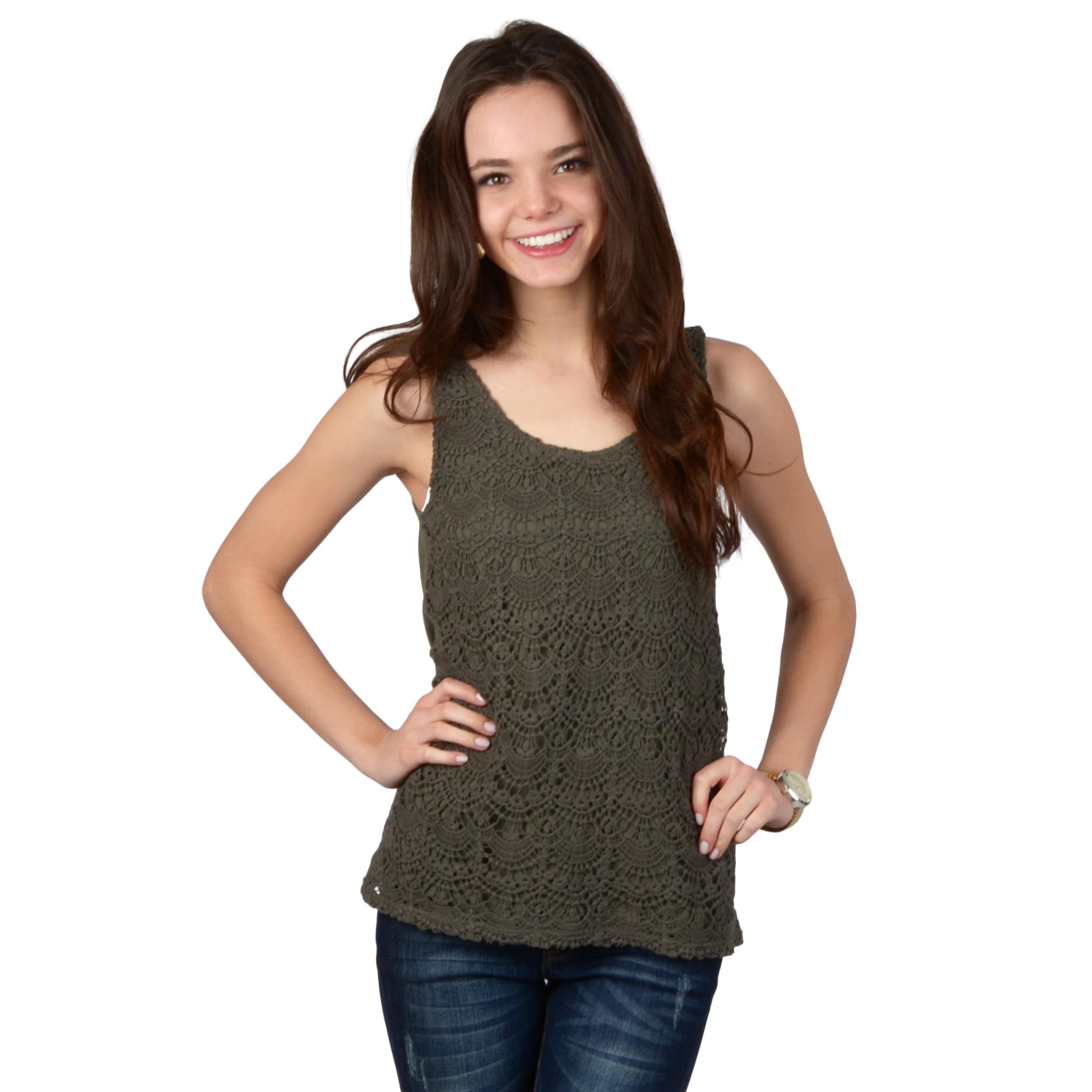 Journee Collection Womens Sleeveless Crochet Detail Top