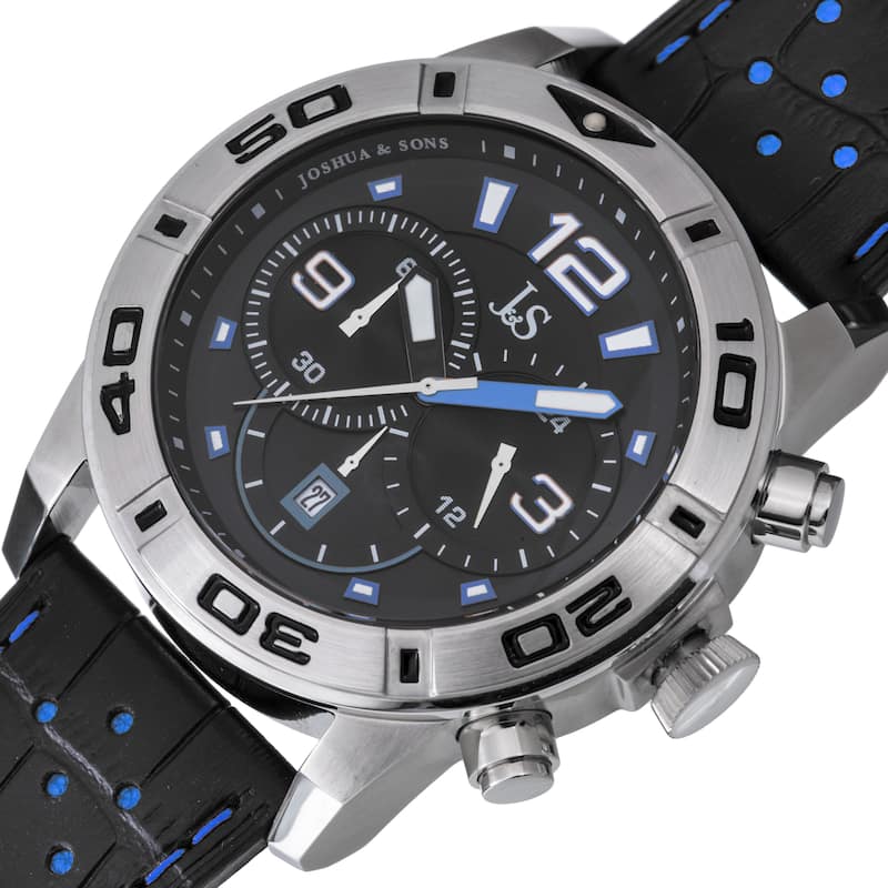 Joshua & Sons Men's Bold Chronograph Leather Blue Strap Watch