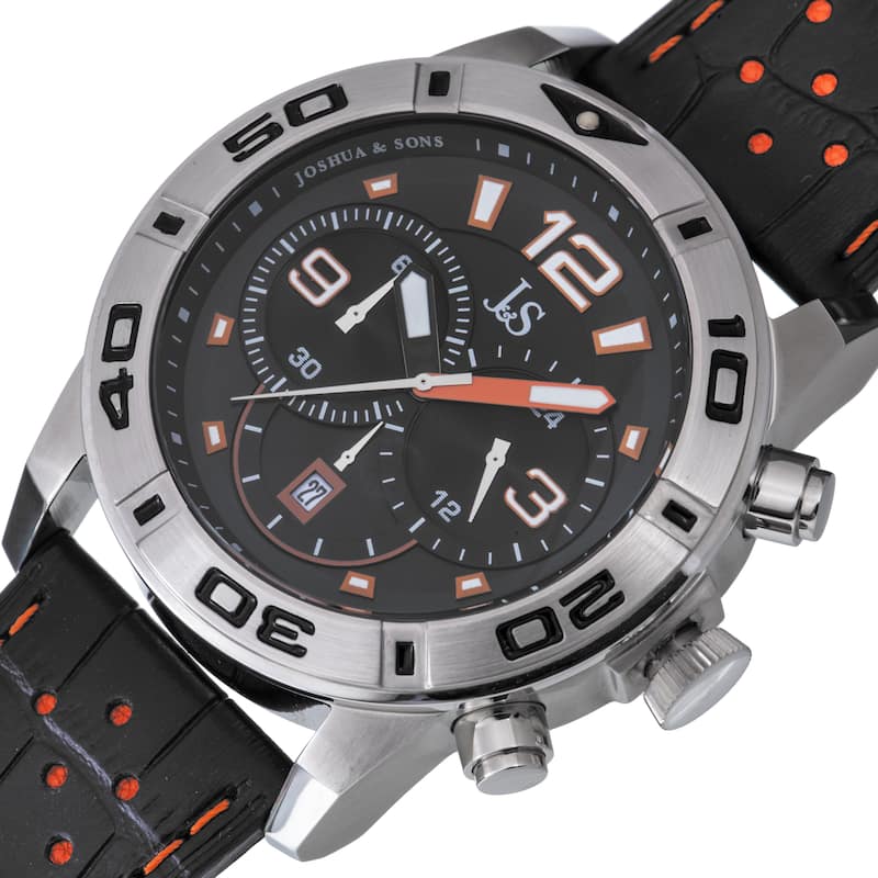 Joshua & Sons Men's Bold Chronograph Leather Orange Strap Watch