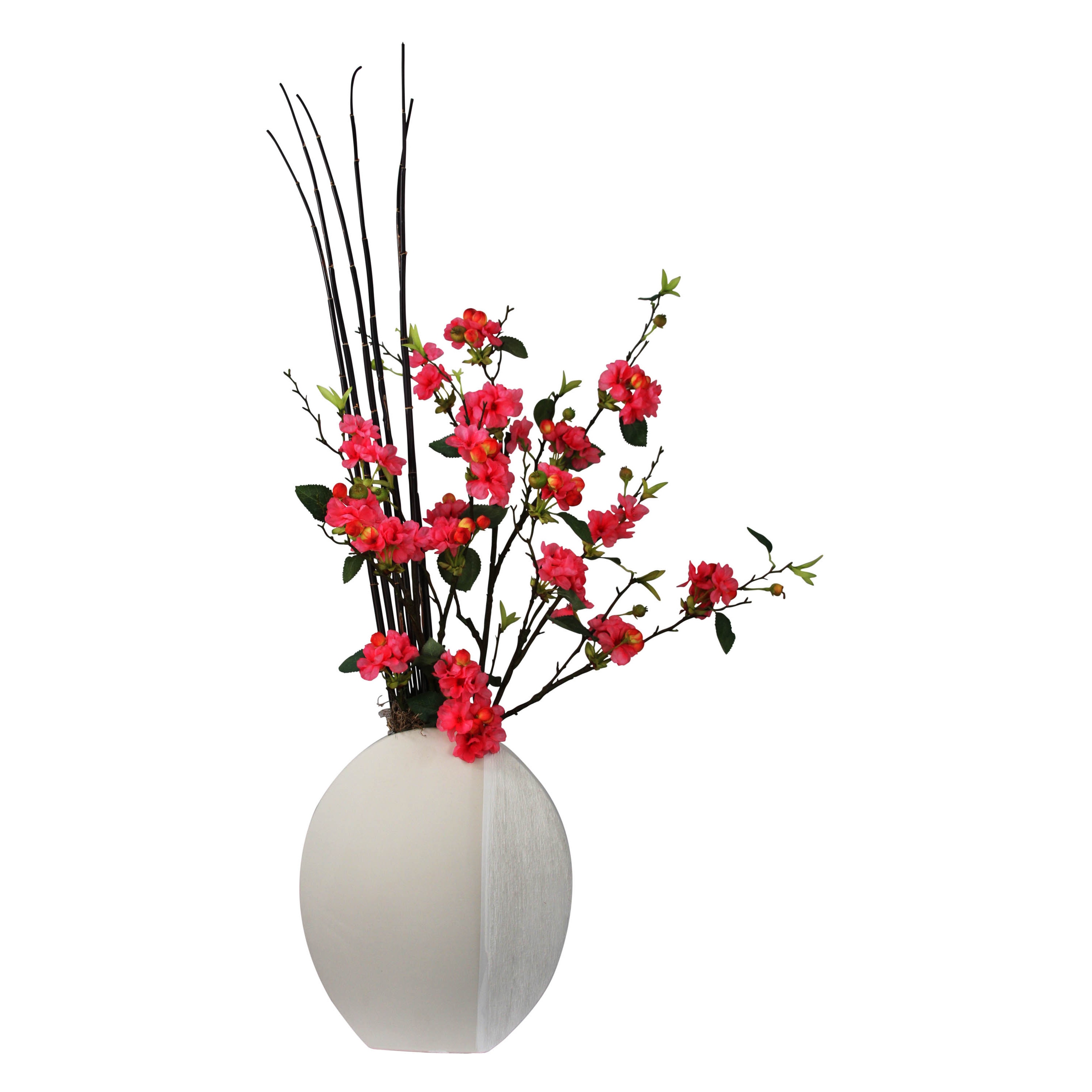 Fuchsia Apple Blossom/ Bamboo Silk Arrangement And Ceramic Vase