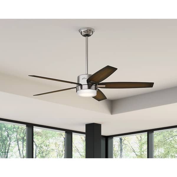 Hunter Windmere 54-inch Ceiling Fan wth Brushed Nickel Finish and Five Burnished Walnut/ Burnished Mahogany Veneer Blades