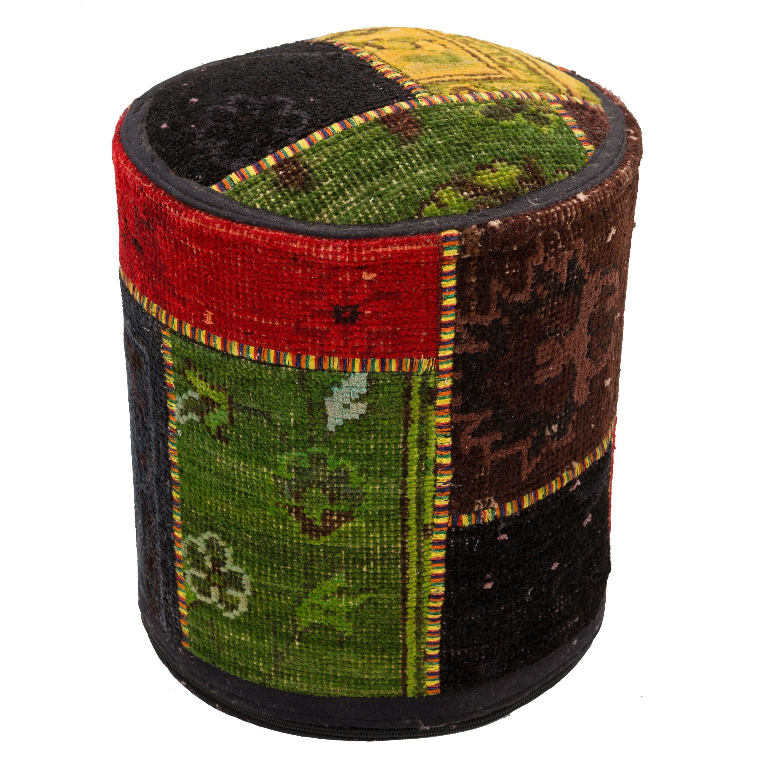 Patchwork Multicolor Wool Upholstered Pouf Ottoman