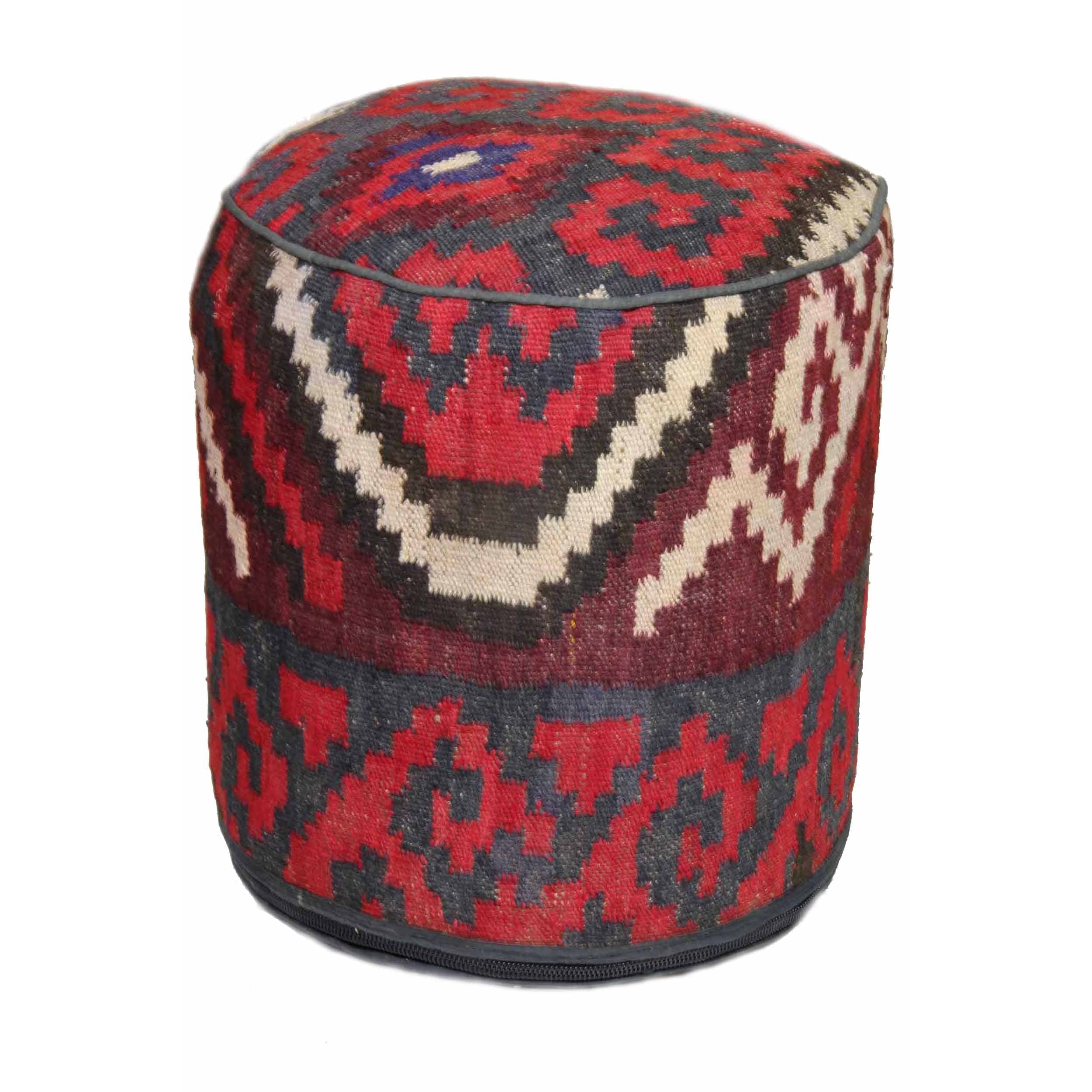 Red/ Grey Wool Upholstered Pouf Ottoman