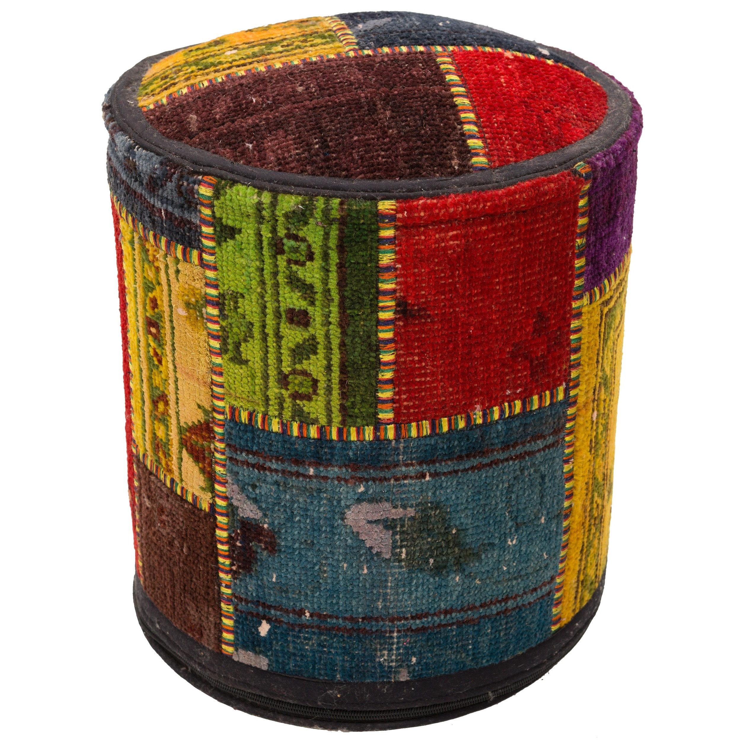 Multicolor Patchwork Wool Upholstered Pouf Ottoman