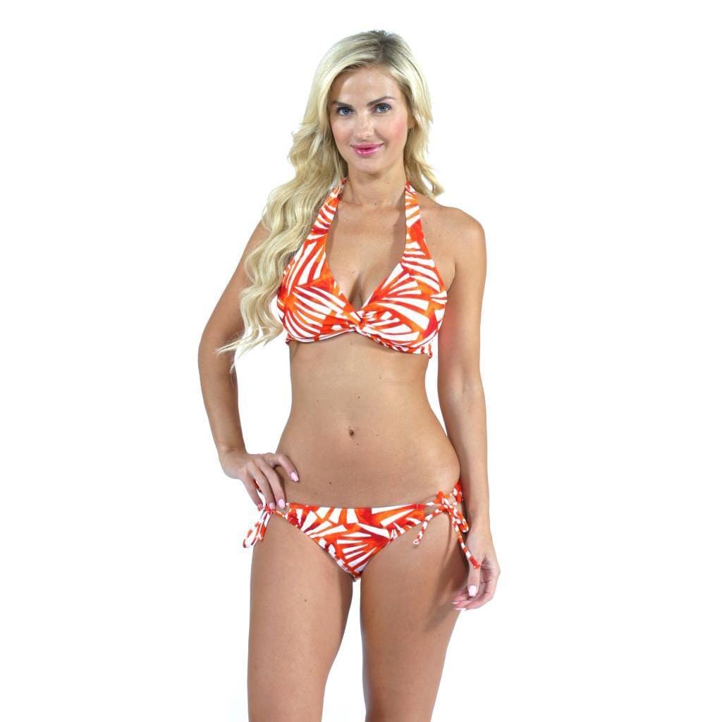 Sunset Swim Twist Bra With Low Rider Tie Bottoms In Azalea Red