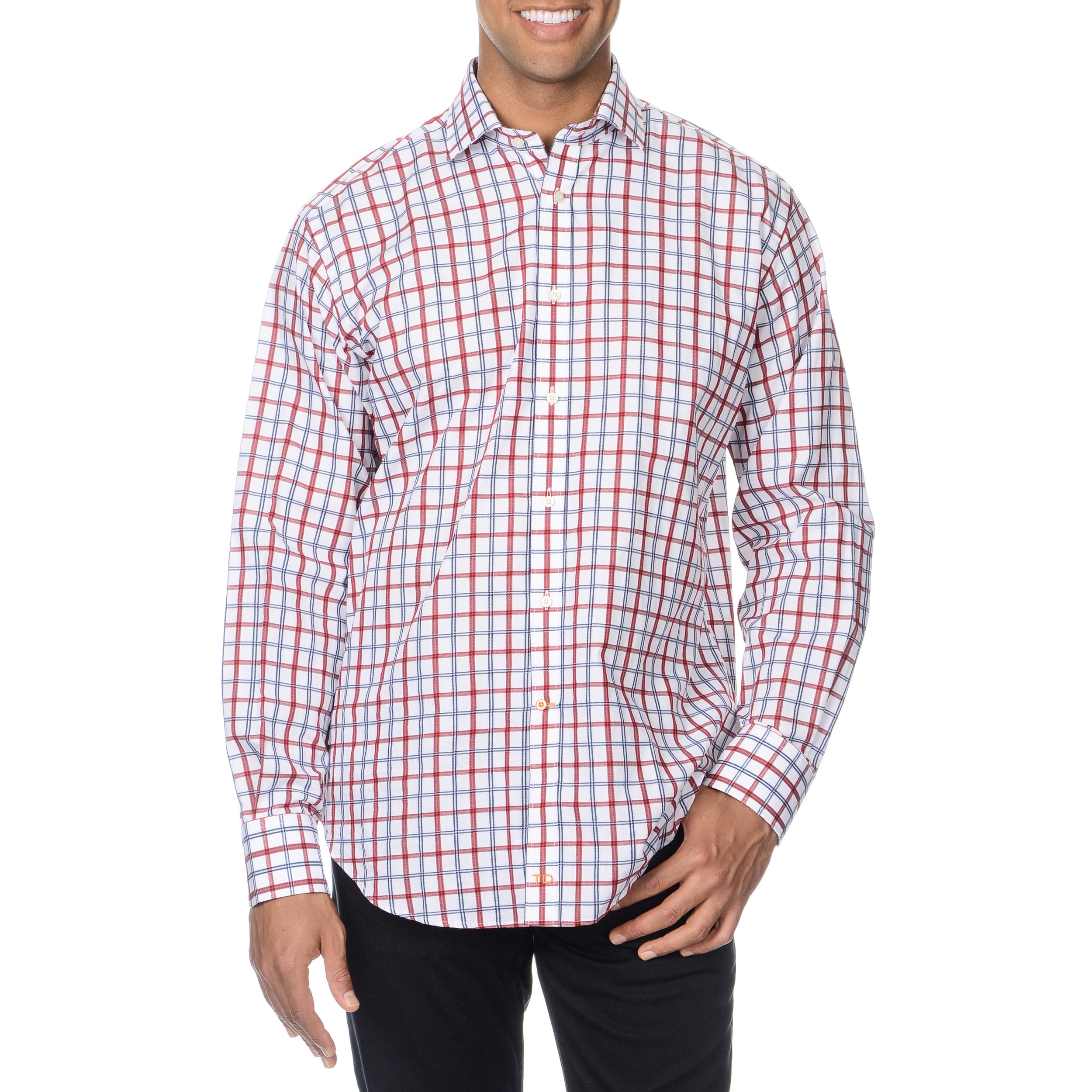 Thomas Dean Mens Red Checkered Button down Shirt