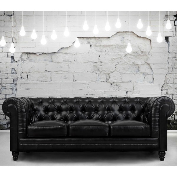 Hancock Tufted Black Italian Chesterfield Leather Sofa and Loveseat