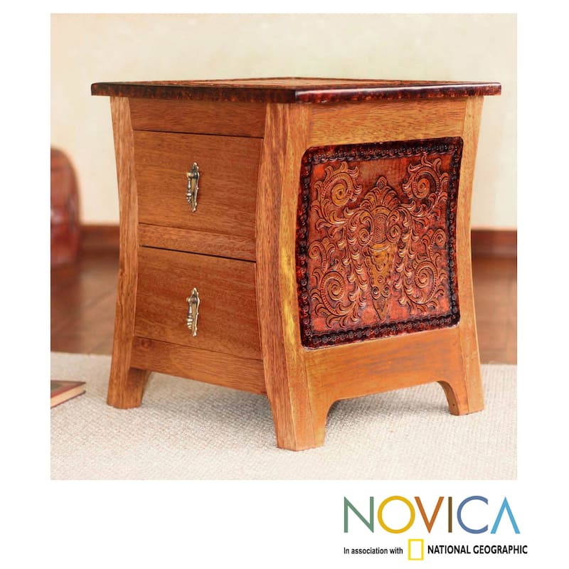 Handmade Floral Wood and Leather End Table (Peru)