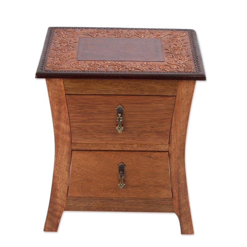 Handmade Floral Wood and Leather End Table (Peru)