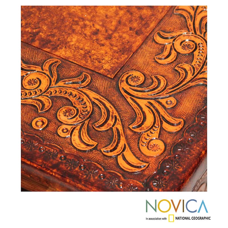 Handmade Floral Wood and Leather End Table (Peru)