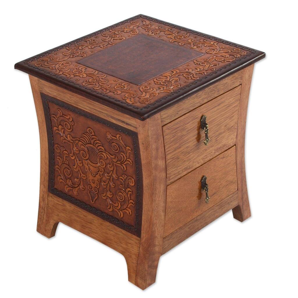 Handmade Floral Wood and Leather End Table (Peru)