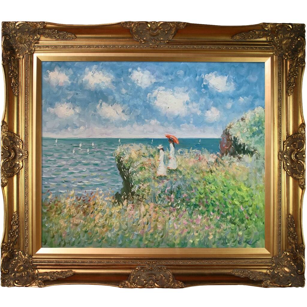 La Pastiche Claude Monet 'Cliff Walk At Pourville ' Hand Painted Framed Canvas Art